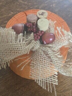 Rustic Orange Wood Block Pumpkin w/ Burlap Bow, Cork Stem & Acorn/Berry Accents